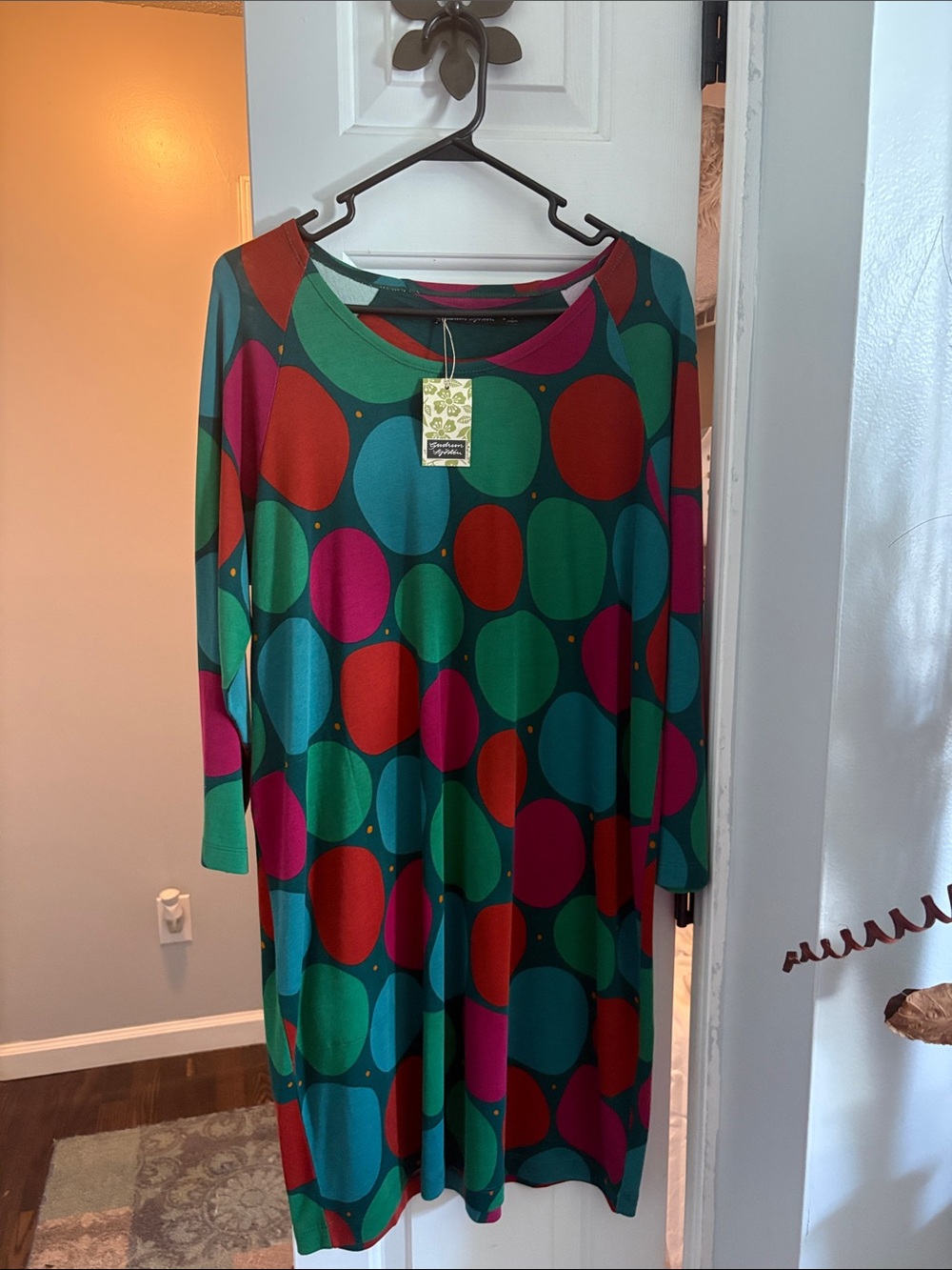 Gudrun Sjoden Long-Sleeve Circle-Print Dress in Teal, Red, Green & Pink